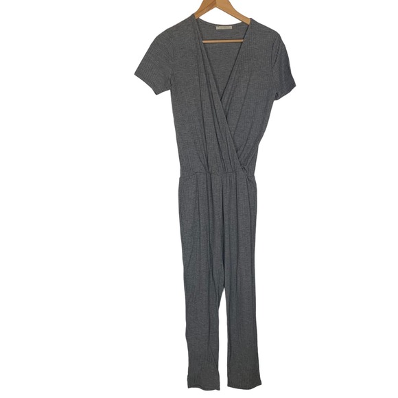 Zara Trafulc Wrap Maxi Jumpsuit Short Sleeve Ribbed V Neck Grey Size S - Picture 2 of 9